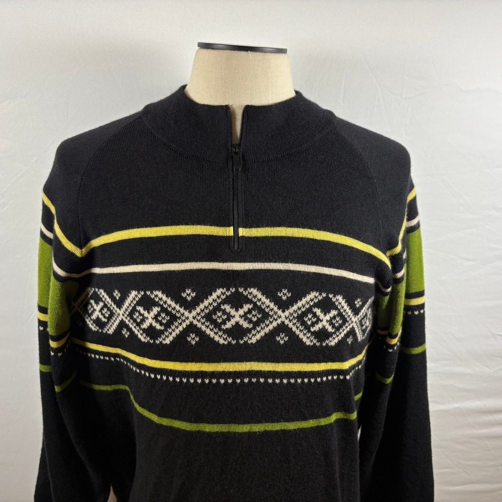 Dale of Norway Mens Quarter Zip Wool Sweater Black Green Fair Isle Nordic L